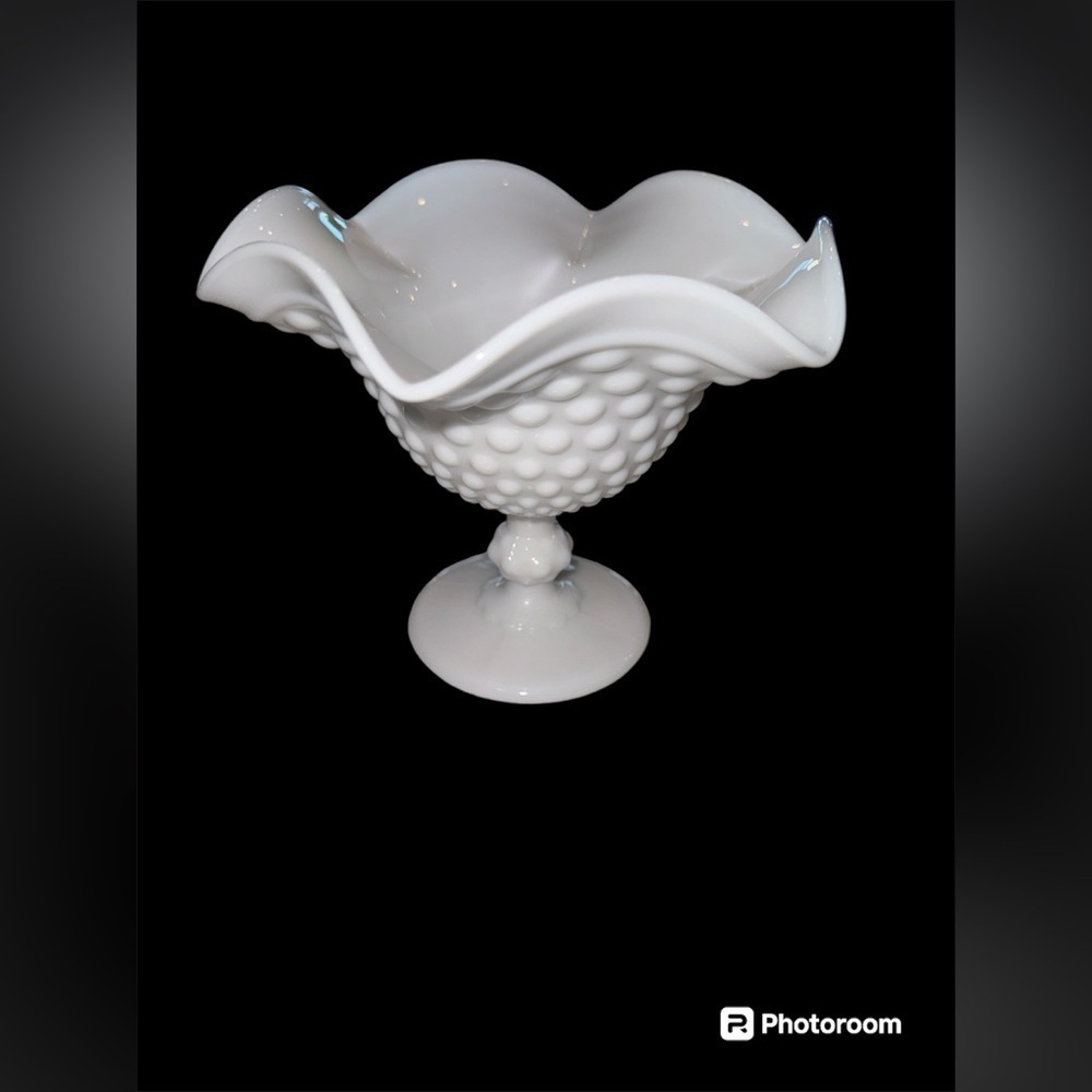 Vintage Fenton White Milk Glass Hobnail Ruffled/ Crimped Pedestal Candy Dish
